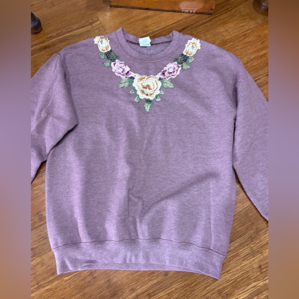Vintage 80/90s Sweatshirt Floral Appliqué Trim Heathered Mauve SZ: M-L - Picture 4 of 6